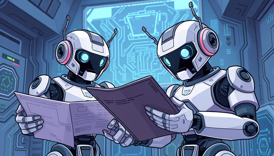 Robots analyzing tech documents in futuristic setting - latest tech news.