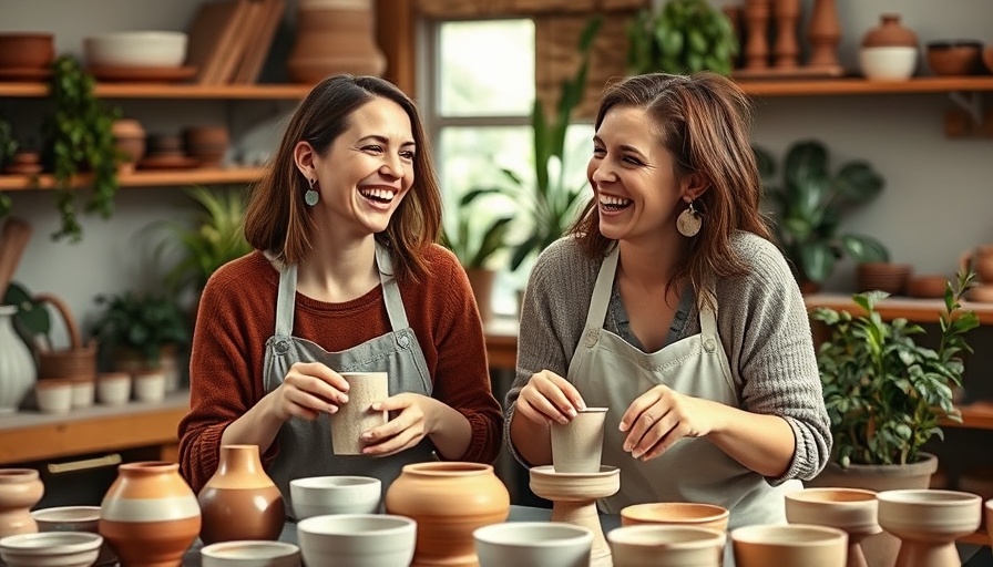 Two women laughing in a cozy home pottery studio with ceramics.