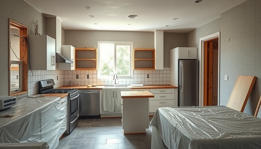 Kitchen with protective sheets during renovations, concept of buying a house with unpermitted additions.