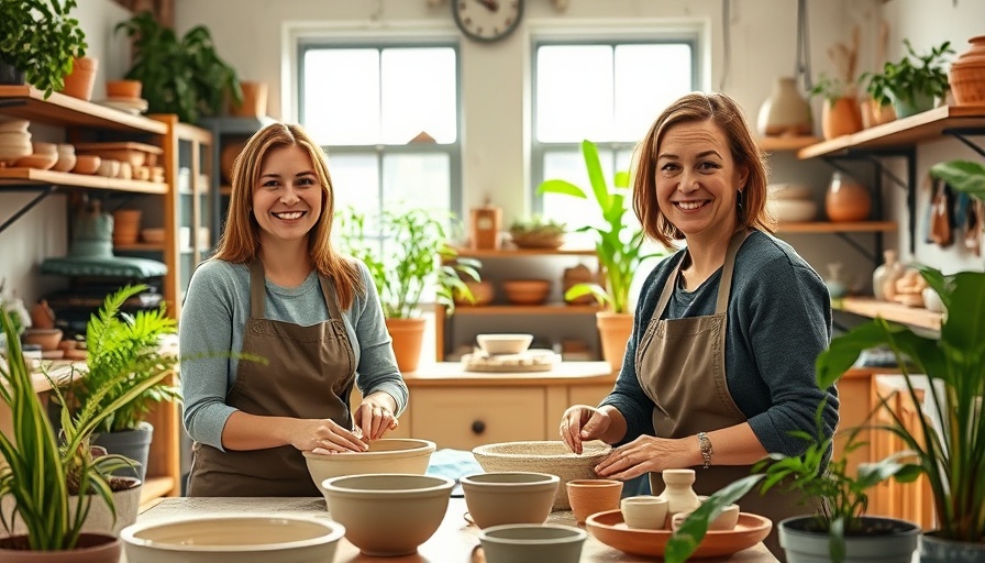 Home pottery studio with two women crafting, bright and inviting.