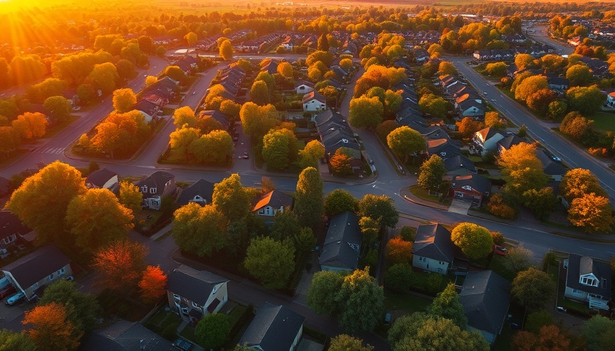 Aerial view of suburban neighborhood in warm evening light, showcasing cooling strategies.