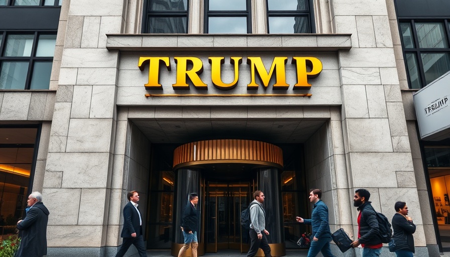 Trump Organization building facade with pedestrians, city setting