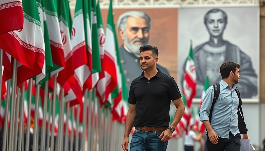 Young men pass Iranian flags, Iran-Israel ceasefire context.