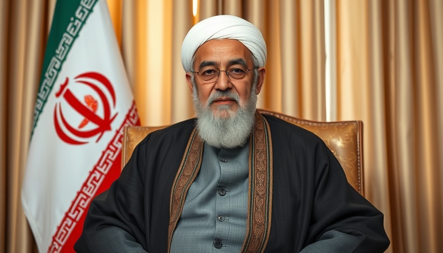 Iranian leader in traditional attire in front of national flag.