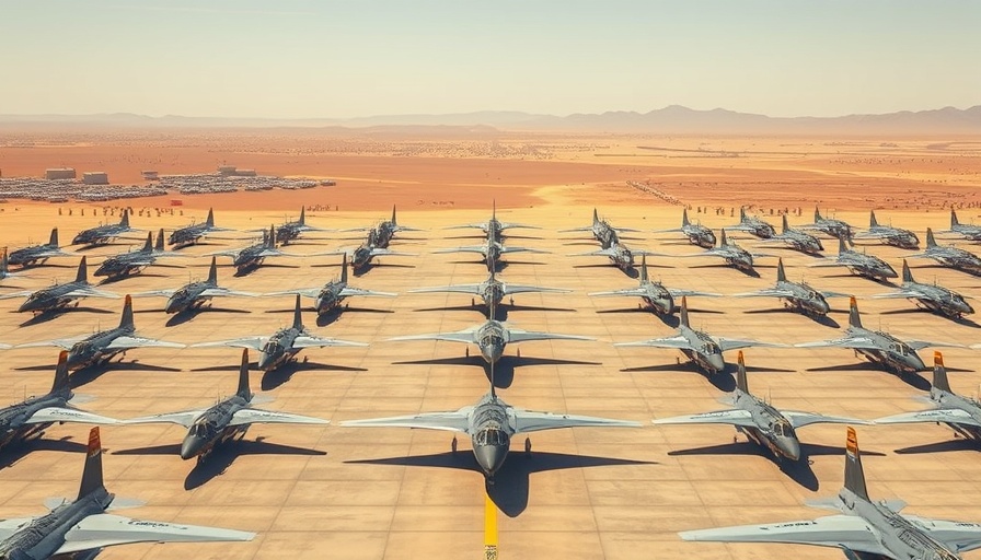 US military aircraft strategically lined up on desert airfield, Gulf region.