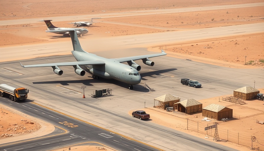 Airbase with KC-135 aircraft and vehicles amid desert background.