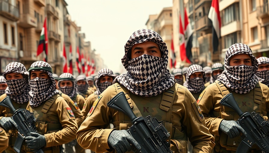 Paramilitaries in camouflage hunt agents in urban march, city street.