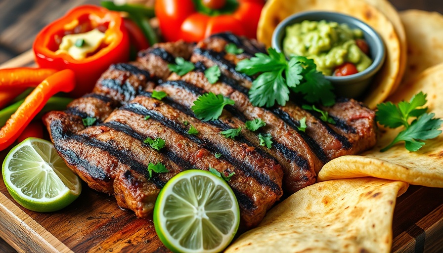 Colorful grilled steak fajitas with fresh ingredients and tortillas