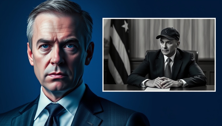 Stylized man in suit with serious expression and blue gradient background.