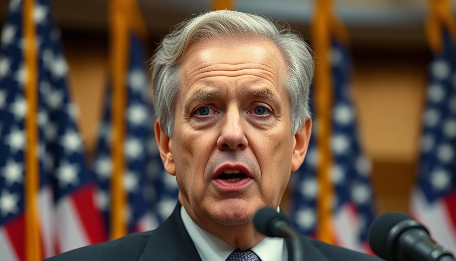 Serious man speaking at conference in front of U.S. flags