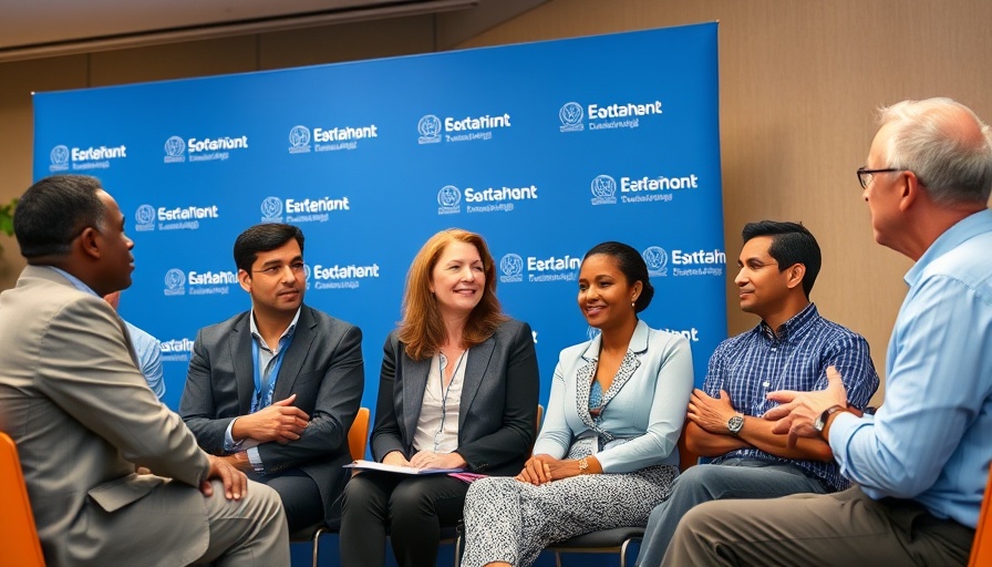Professionals discussing sustainable banking practices at a conference.