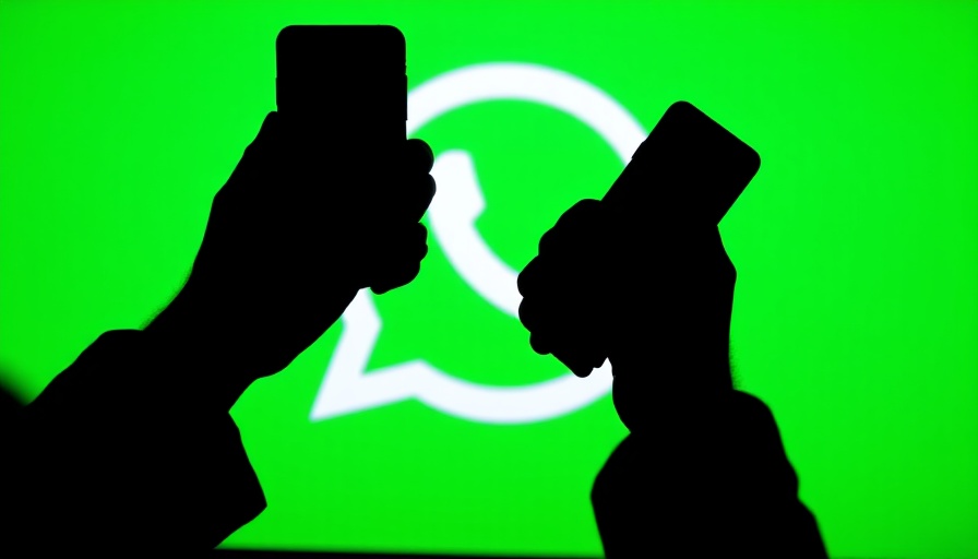 Silhouetted hands with phones against WhatsApp logo backdrop.