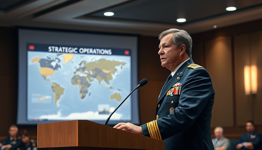 Military officer presenting breaking news on Iran strikes with strategic map.