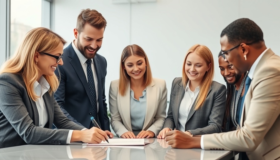 Group reviewing closing documents in an office setting.