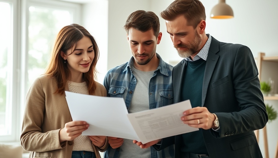 Couple reviewing closing documents with advisor for home purchase.