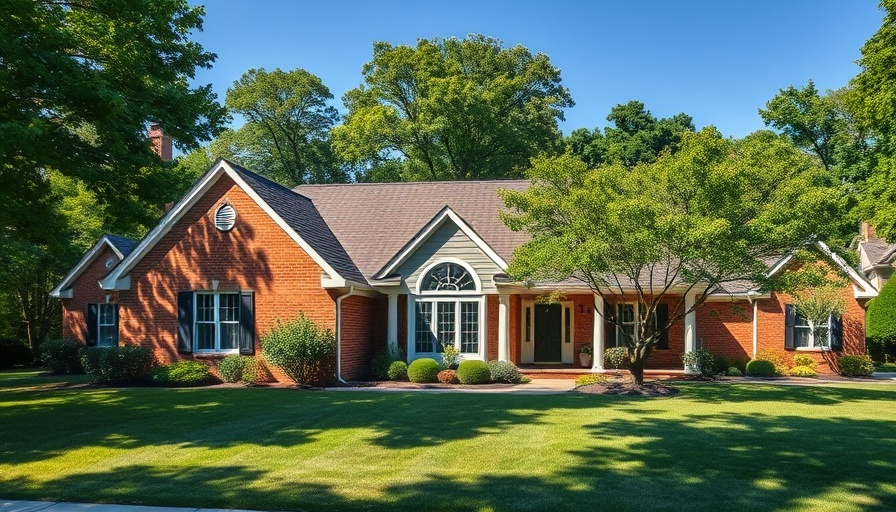 Charming suburban house with brick facade and large lawn under blue sky.