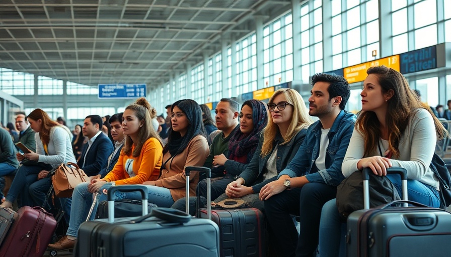 Gulf expat experience: diverse travelers in a busy airport terminal.