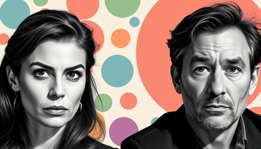 Black and white portraits of a woman and man with colorful circles on pastel background, AI training on copyrighted works.