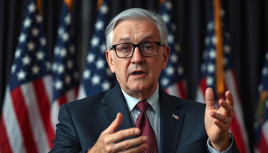 Older man in suit discussing interest rates in front of flags.