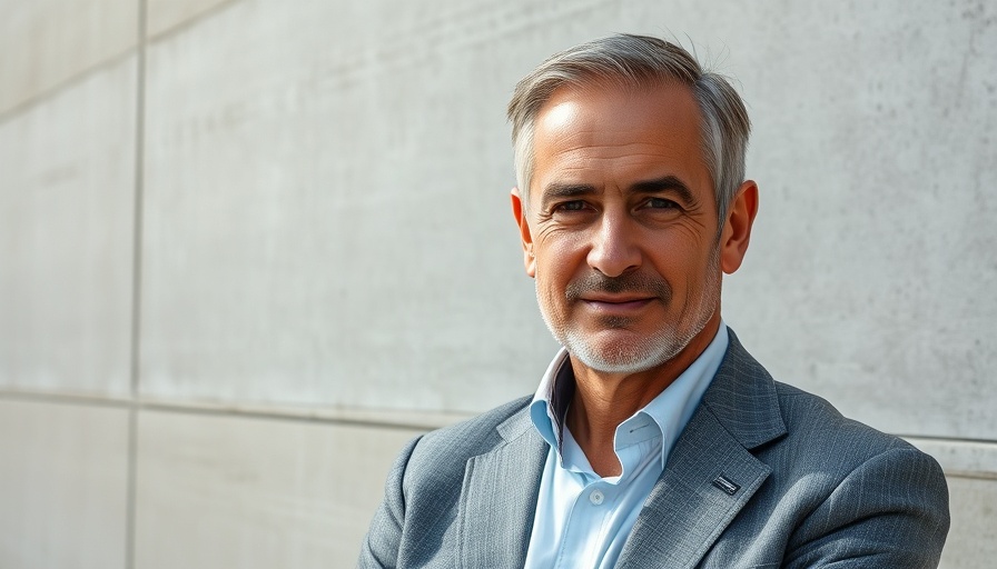 Middle-aged man in suit jacket, confident look against gray wall.