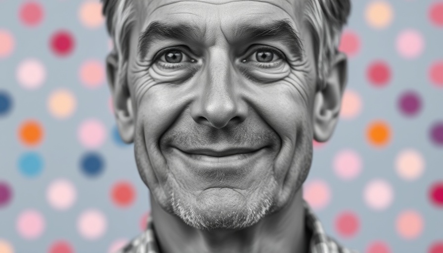 Monochrome portrait against colorful dots