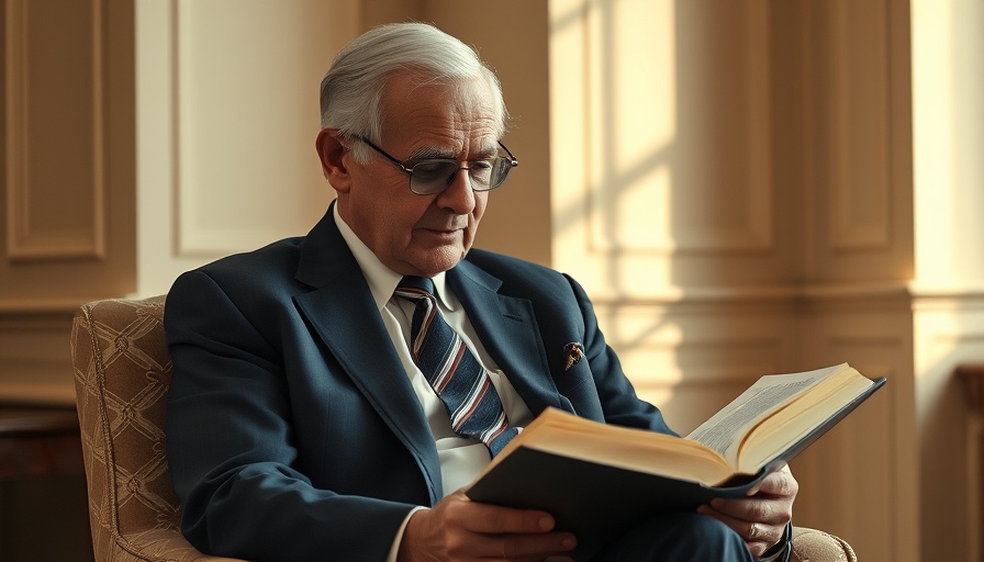 Older man in a suit reading a book indoors.
