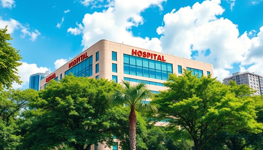 Modern hospital surrounded by skyscrapers and trees under blue sky.