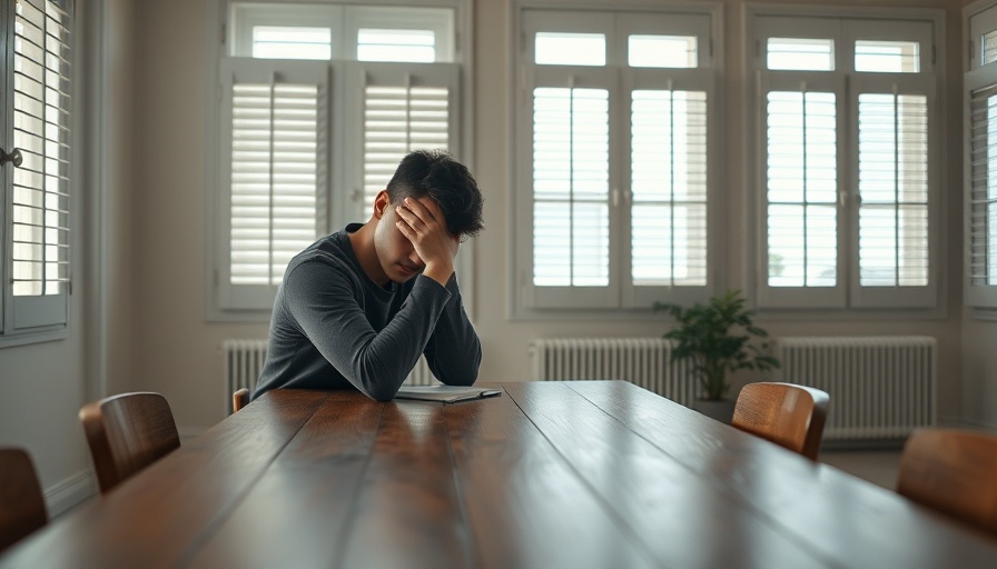 Young man showing signs of mental health struggles, sitting at a table.