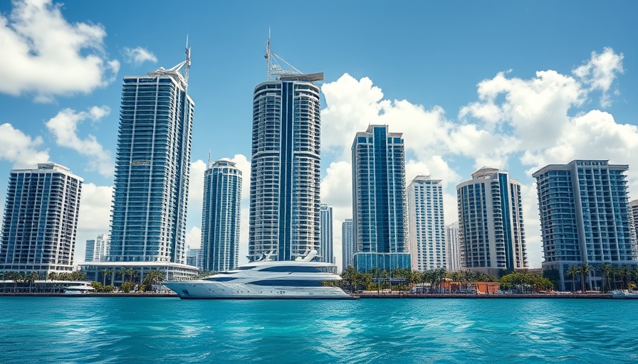 Imposing luxury skyscrapers on Miami waterfront under a clear sky.