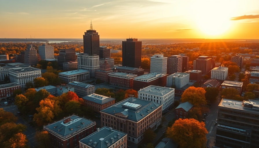 Aerial view of autumn in downtown New Haven, luxury real estate visible.