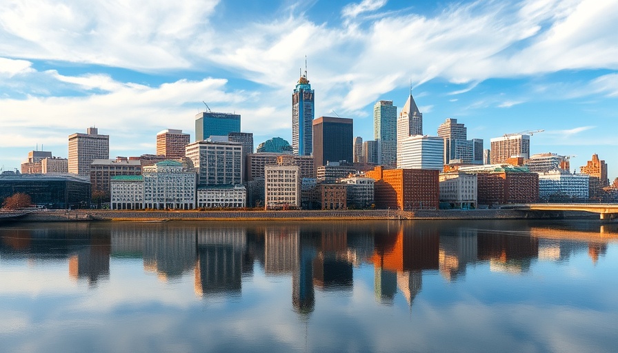 Skyline of Rochester reflected in river, showcasing real estate market.