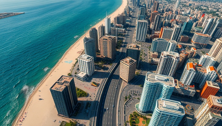 Aerial view of city skyline and beach highway, homes for sale nearby.