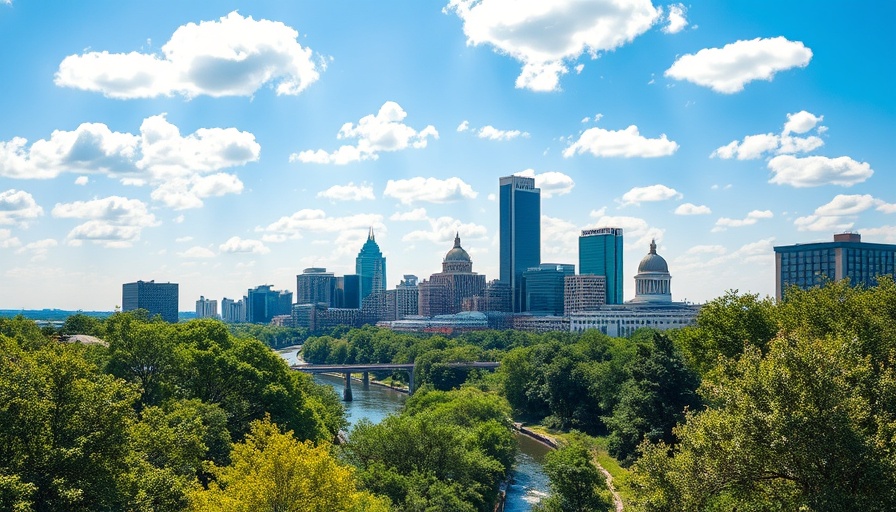 Luxury real estate in Austin with city skyline and river view.
