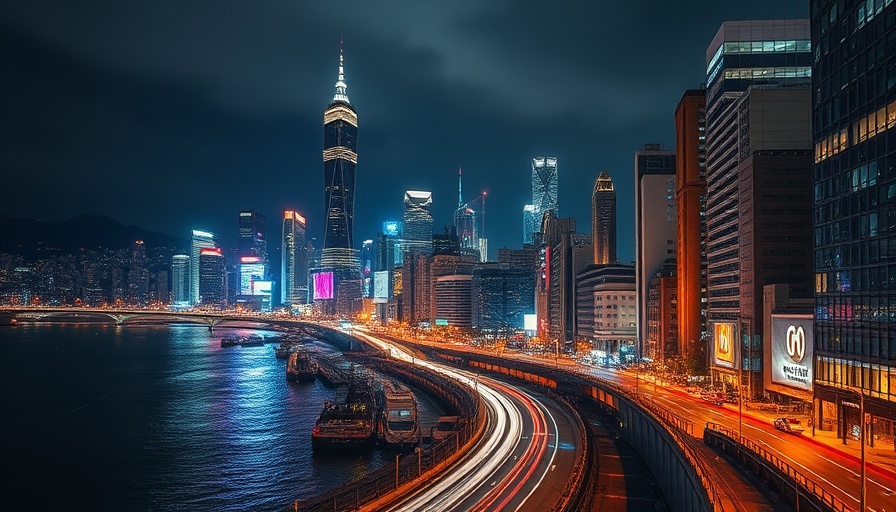 Nighttime cityscape in China with illuminated skyscrapers.