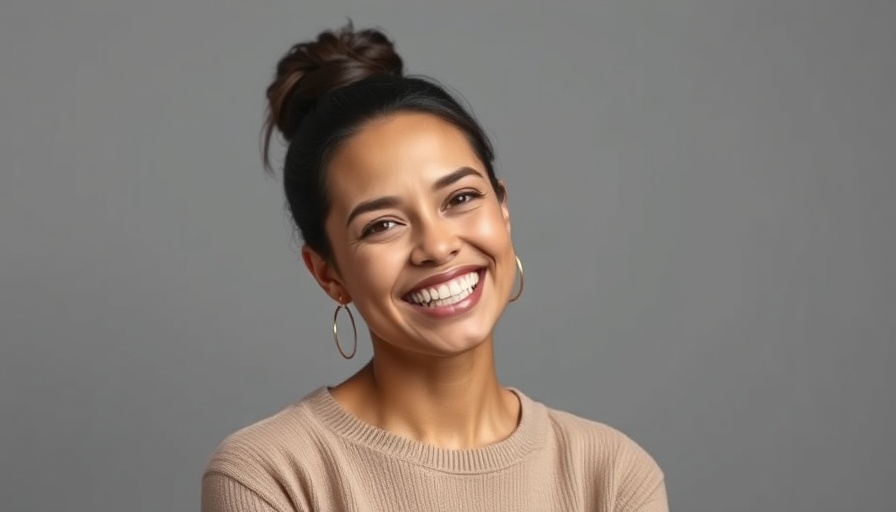 Cheerful woman smiling with brown hair against gray background.
