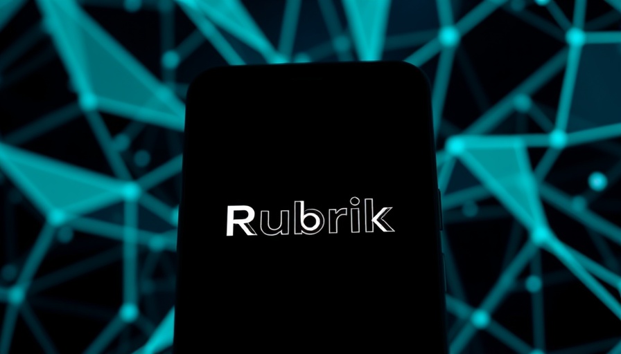 Smartphone with Rubrik logo, digital background of geometric teal shapes; AI agents for startups.