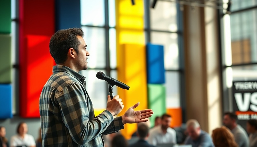 Professional presenting on startup funding at tech event.
