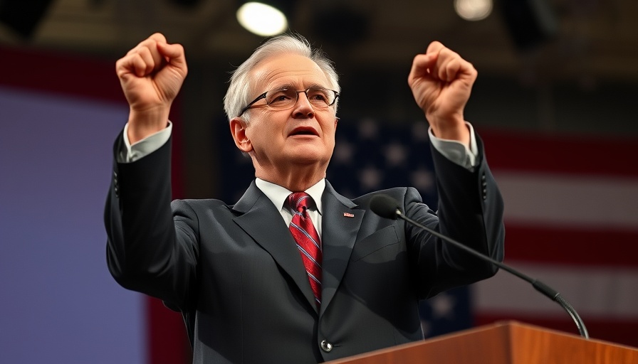 Elderly man raising fist energetically, speaking on stage.