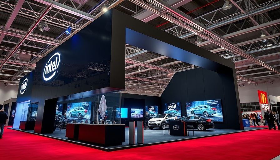 Intel automotive booth showcasing advanced tech at indoor event.