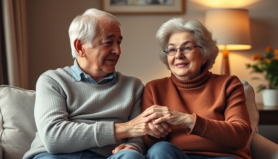 Senior couple sharing a warm moment in a community living room.