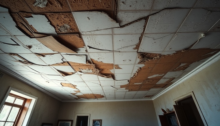 Severely damaged ceiling in a neglected room.