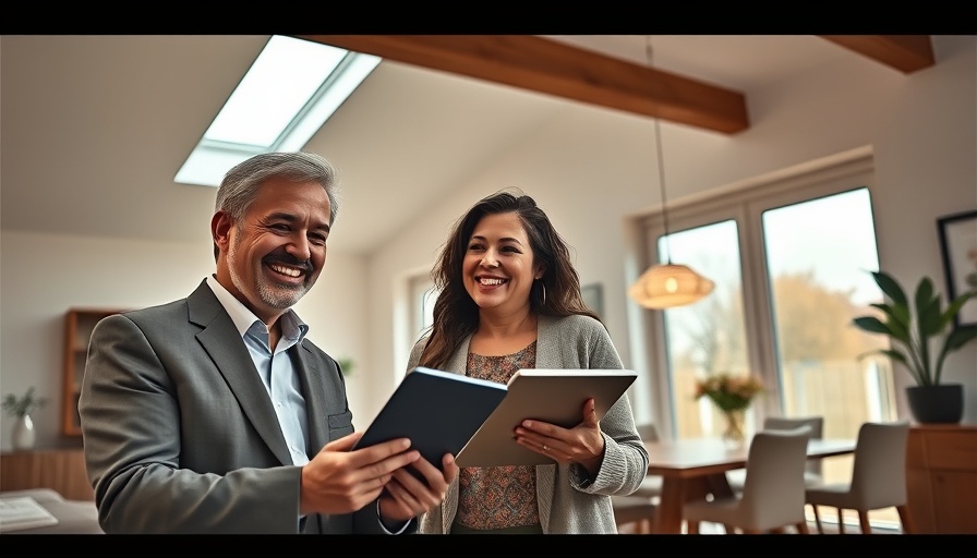 Real estate agent discusses seller's disclosures with couple indoors.