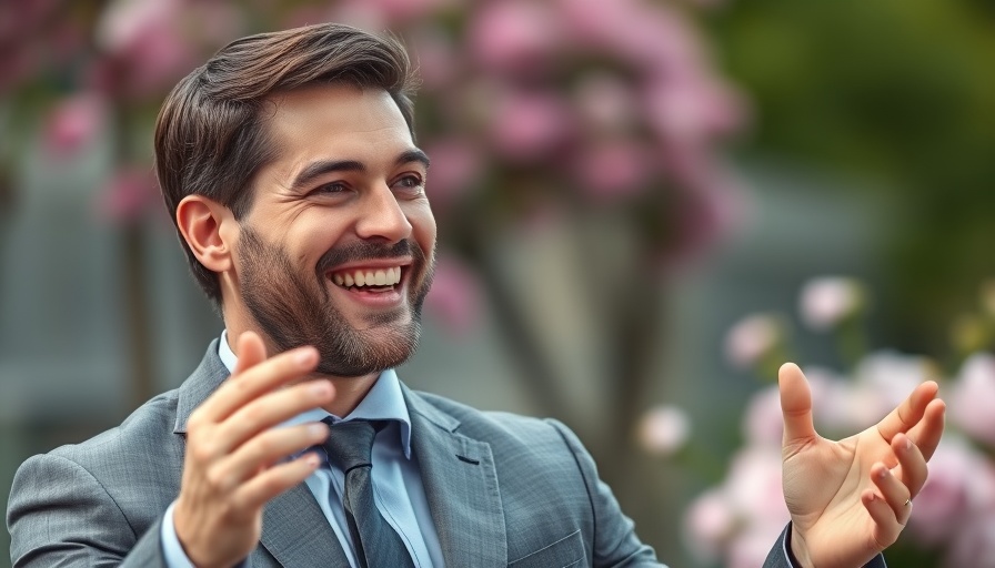Man in gray suit gestures confidently outdoors