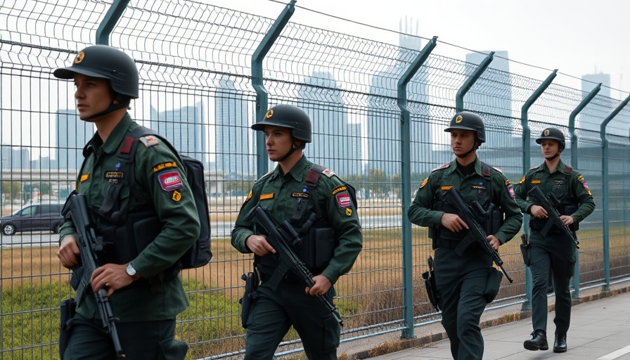 Soldiers patrol border area with city skyline, symbolizing immigration bill.