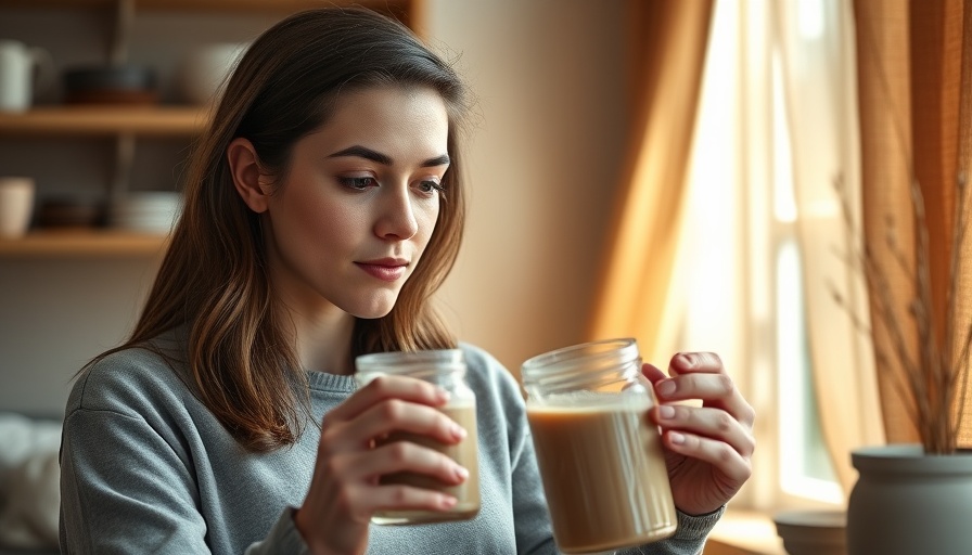 Young woman preparing protein powder shake for gut health.