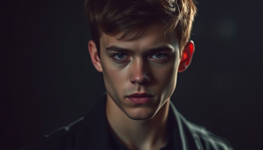 Serious young man in suit in a dimly lit setting.