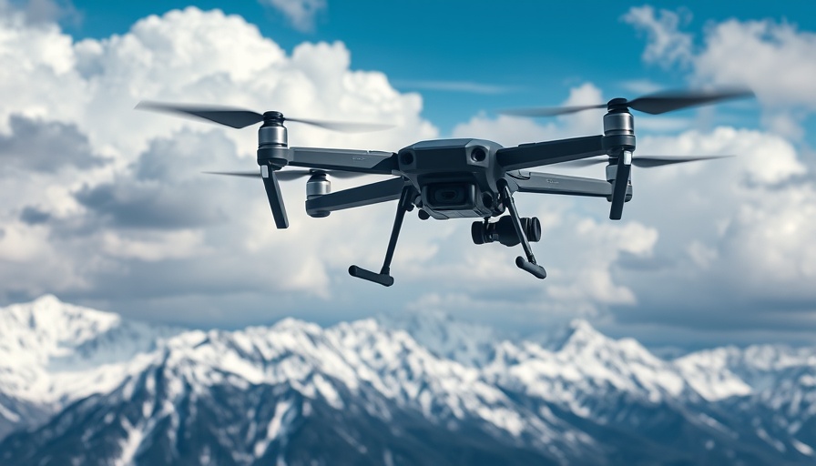 Military drone in flight over snow-capped mountains.