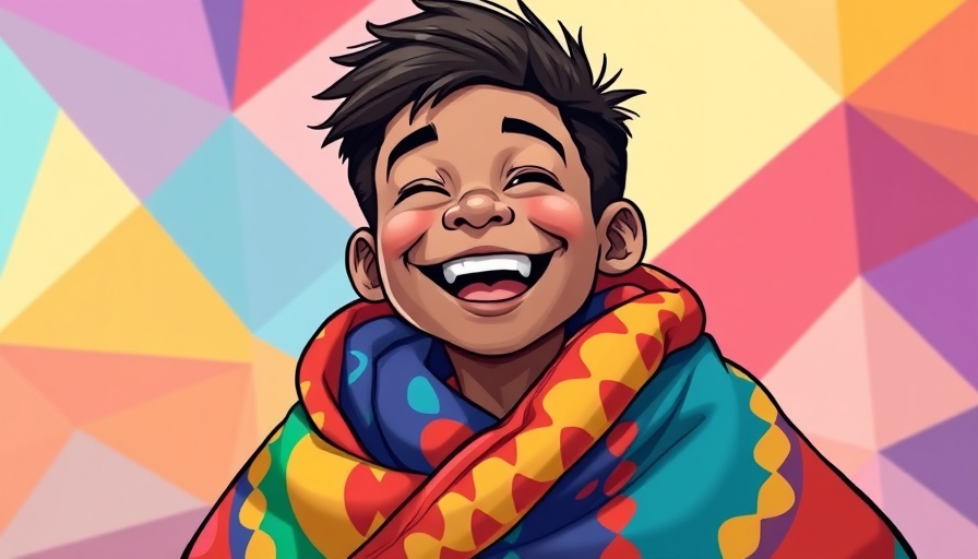 Joyful young man smiling wrapped in colorful blanket.