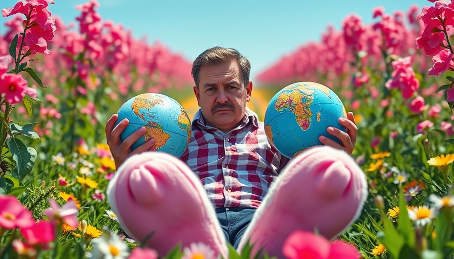 Man holding globes in bunny slippers in flower field, photorealistic.