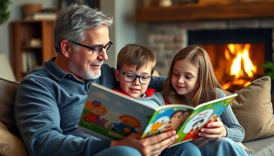 Stay-at-home dad reading to children, cozy home setting.